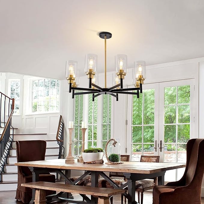 8 Light Gold Chandelier for Dining Room Light Fixtures Black & Brushed Brass Modern Farmhouse Chandelier Industrial Hanging Pendant Lighting for Living Room Kitchen with Glass Shade