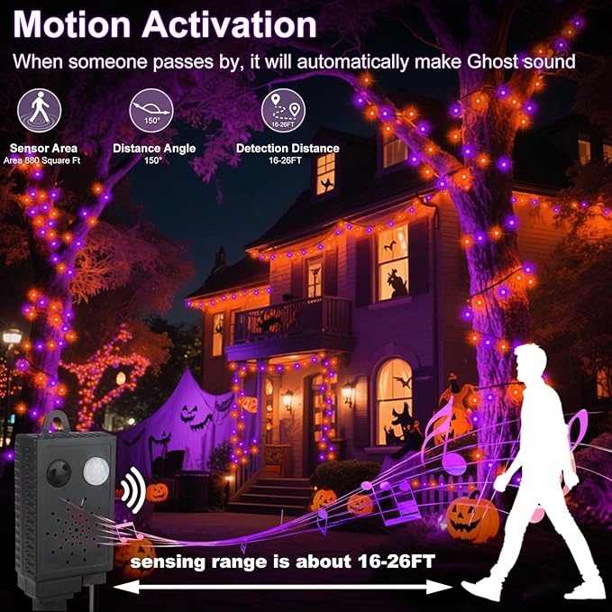 echosari Connectable 400 LED Halloween String Lights, Motion Sensor Scary Sound 66Ft Orange and Purple Halloween Lights Outdoor Waterproof 4 Sound Effects for Yard Party Tree Decor