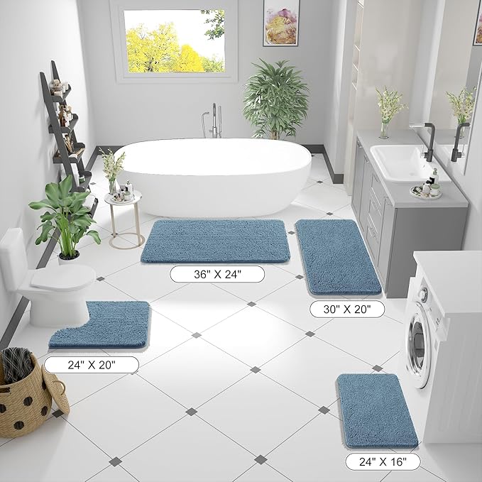 OLANLY Bathroom Rugs 70x24, Extra Soft Absorbent Chenille Bath Rugs, Rubber Backing Quick Dry, Machine Washable Bath Mats for Bathroom Floor, Tub and Shower, Home Decor Accessories, Airy Blue