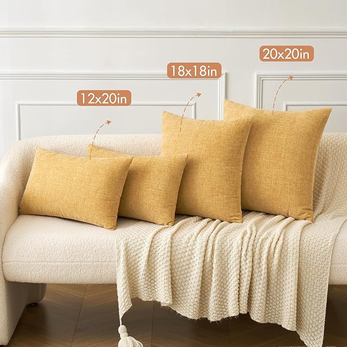 MIULEE Pack of 2 Couch Throw Pillow Covers 12x20 Inch Soft Gold Chenille Pillow Covers for Sofa Living Room Solid Dyed Pillow Cases