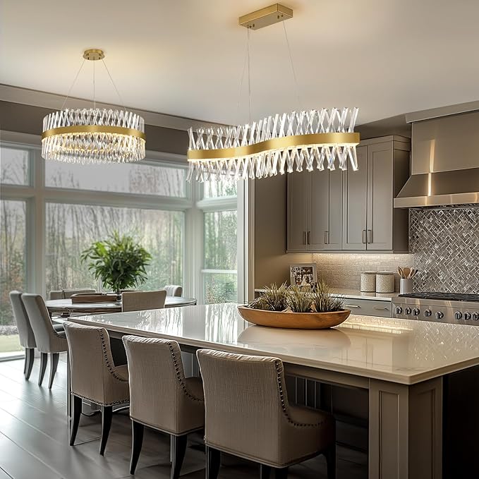 Modern Crystal Chandeliers, Luxurious S-Shape Chandeliers for Dining Room Over Table, L40 Gold Rectangular Dining Room Chandelier, Linear Kitchen Island Lighting, Dimmable Ceiling Light Fixture