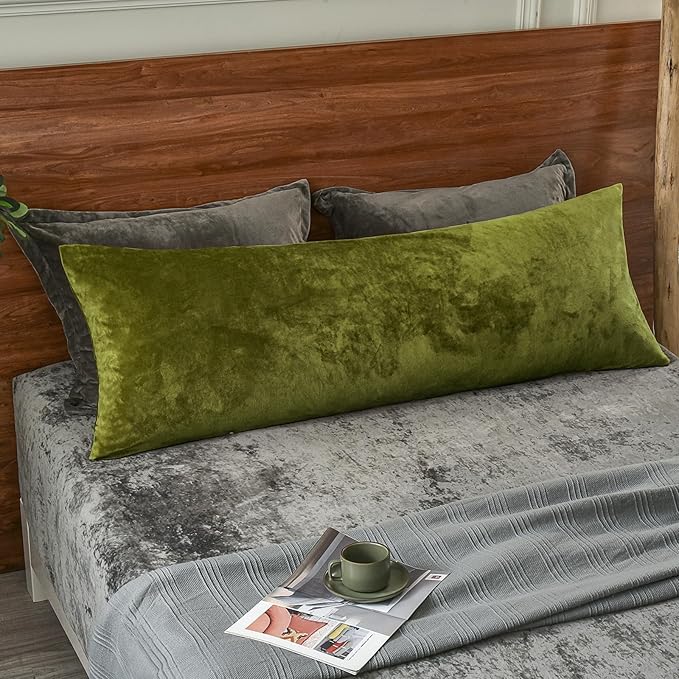 PHF Super Soft Velvet Zippered Body Pillowcase, No Insert, 1 Pack Luxury Cozy Warm Pillow Sham Cover with Zipper, 20"X 54" Long Cozy Fuzzy Flannel, Olive Green