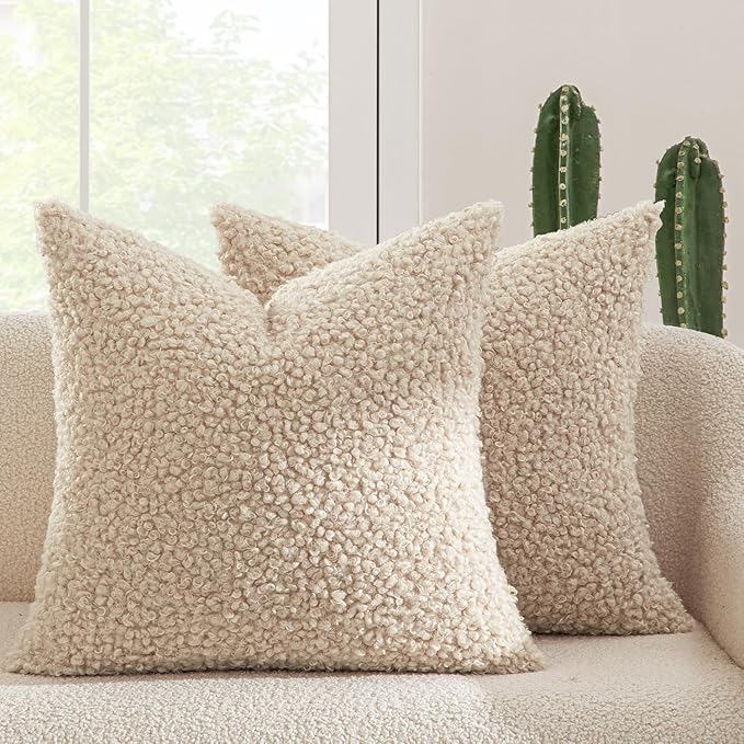 MIULEE Pack of 2 Throw Pillow Covers 22x22 Inch Neutral Oatmeal Faux Fur Decorative Sherpa Pillow Covers Fuzzy Accent Soft Sheepskin Fleece Cushion Cases for Boho Home Decor Couch Living Room Bed
