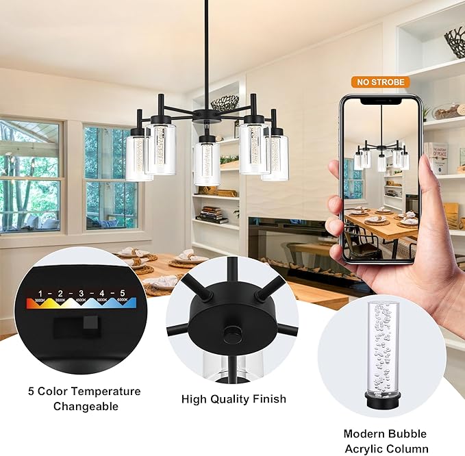 VINLUZ 5 Light LED Modern Pendant Lights, Classic Black Chandelier with Crystal Bubble Clear Glass Shade Indoor Kitchen Island Lights Fixtures for Dining Room Cafe Bar