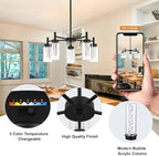 VINLUZ 5 Light LED Modern Pendant Lights, Classic Black Chandelier with Crystal Bubble Clear Glass Shade Indoor Kitchen Island Lights Fixtures for Dining Room Cafe Bar