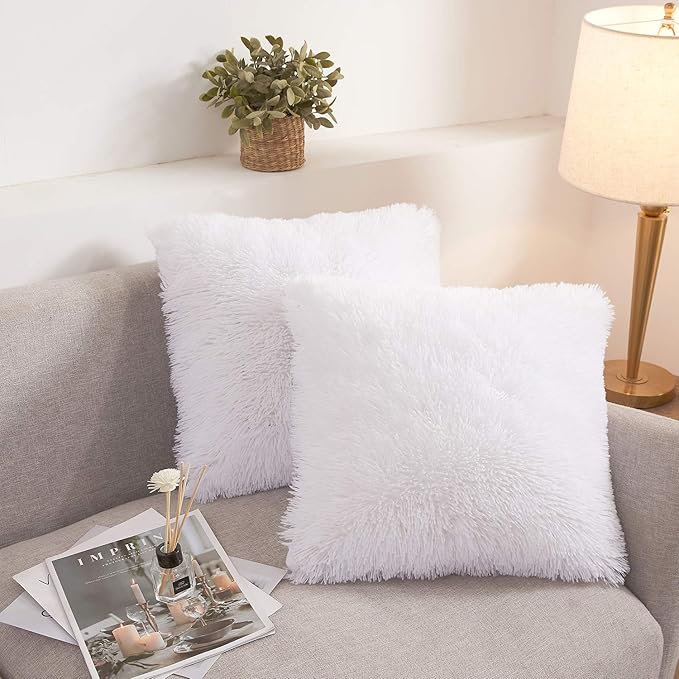 XeGe Faux Fur Throw Pillow Covers, Shaggy Fluffy Cushion Covers, Plush Furry Pillow Cases, Fuzzy Decorative Pillow Shams with Zipper Set of 2 for Sofa Bed Couch Living Room (18''x18'', White)