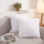 XeGe Faux Fur Throw Pillow Covers, Shaggy Fluffy Cushion Covers, Plush Furry Pillow Cases, Fuzzy Decorative Pillow Shams with Zipper Set of 2 for Sofa Bed Couch Living Room (18''x18'', White)