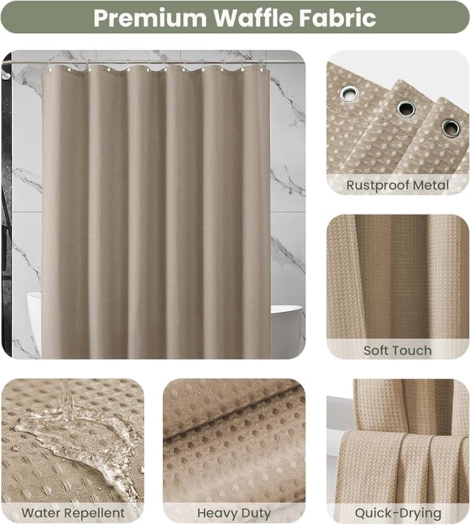 Inhousolu Fabric Shower Curtain Waffle Weave, 230 GSM Heavy Duty, Weighted Hem, 12 Metal Hooks, Water Repellent, Machine Washable, Hotel Spa Luxury Bath Curtain Set, 60 x 72 Inch, Beige