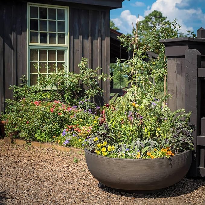 Crescent Garden Extra Large Outdoor Planter Bowl with Drain Hole for Water Gardens, Fountains, Decorative Landscaping - 40" W x 15" H (Weathered Concrete)