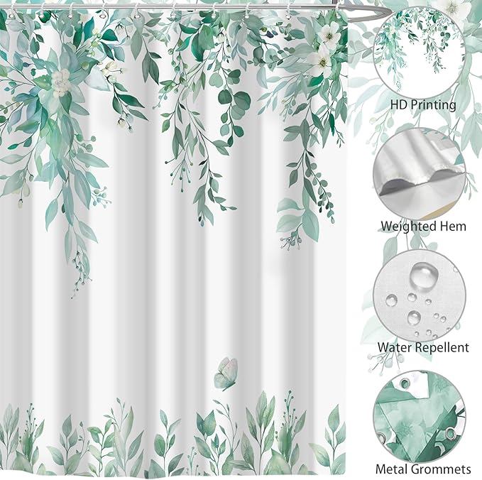 Eucalyptus Shower Curtain, Teal Watercolor Leaves with Floral Botanical Bathroom Decor, Waterproof Fabric Bath Curtain Set with Hooks, 72x84 Inches