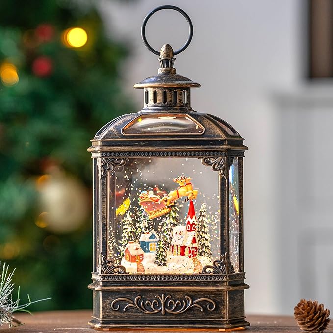 Christmas Snow Globe Swirling Glittering Lantern Santa Flying with Reindeer, USB Lined/Battery Operated Lighted Water Lantern for Christmas Festival Decoration Gifts
