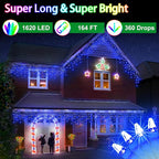 1620 LED 164ft 360 Drops Christmas Lights, Outdoor Hanging lights with 8 Modes & Timer Memory, Outside Waterproof Curtain String Light for House Fence Tree Holiday Wedding Party Decorations (Blue)