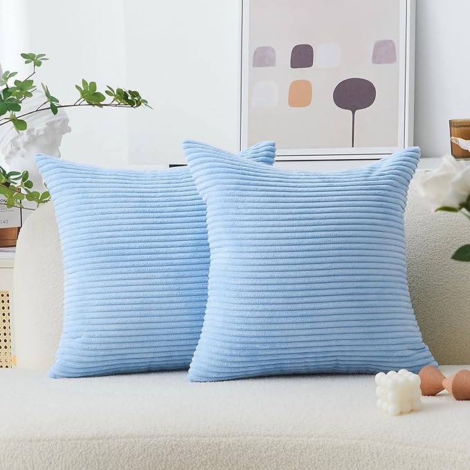 Home Brilliant Blue Throw Pillows Striped Velvet Corduroy Euro Sham Large Decorative Pillow Case Cushion Cover for Sofa, 24 x 24 inch, Baby Boy Blue