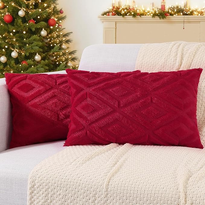 decorUhome Christmas Couch Throw Pillow Covers 12x20 Set of 2, Decorative Soft Plush Faux Wool Lumbar Neutral Accent Pillow Covers for Bed Sofa Living Room, Red
