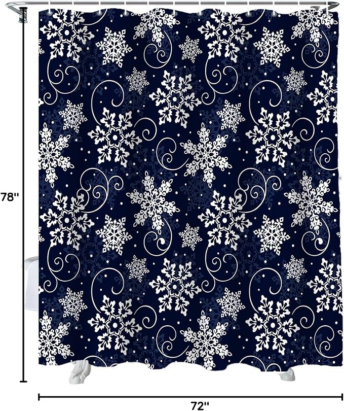 Vandarllin Christmas Shower Curtain, White Navy Snowflakes Pattern Shower Curtains Set with Hooks, Winter Waterproof Fabric Bathroom Curtains Decor Home Accessories,72 X 78 Inch Long