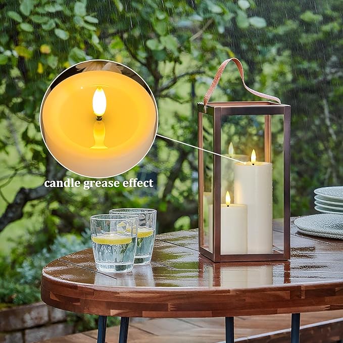 Waterproof Flickering Auto Timer Ivory Plastic Flameless Candles with Candle Grease, 3" x4" 5" 6" 7" Outdoor LED Long Lasting Battery Operated Remote Control Pillar Candles, Pack of 4