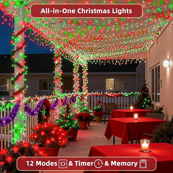 300 LED Outdoor Christmas Lights 75ft, 12 Lighting Modes Indoor String Lights Dimmable & Timer Memory, Outsite Waterproof Tree Lights for Xmas Garden Wedding Party Holiday Decorations Red & Green
