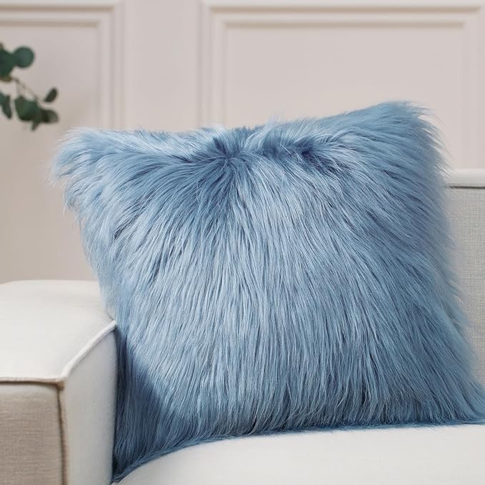 Phantoscope Faux Fur Pillow Cover Decorative Fluffy Throw Pillow Mongolian Luxury Fuzzy Pillow Case Cushion Cover for Bedroom and Couch, Blue 26 x 26 Inches