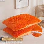 XeGe Faux Fur Fluffy Pillow Cases, Soft Plush Shaggy Furry Orange Pillowcases, Velvet Fuzzy Decorative Throw Pillow Covers for Bed Couch, Zipper Closure, Set of 2(King Size, Orange)