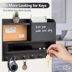 Key Holder for Wall Mount with Mail Organizer, Farmhouse Key Holder for Wall with Shelf, Chalkboard&Corkboard, Entryway Organizer 11 Metal Hooks, Decorative Natural Pine Wood, 14.6*11.1*3.3”, A-Black