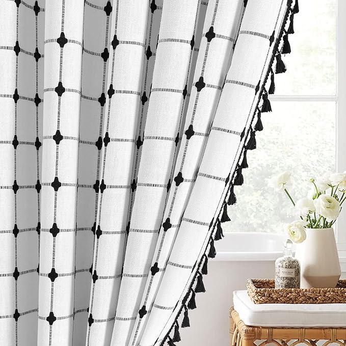 MitoVilla Ivory Black Boho Extra Long Shower Curtain 72 x 84, Modern Farmhouse 84 inch XL Polyester Linen Texture Tassel Fabric Shower Curtain Set with Hooks for Cottagecore Country Bathroom Decor
