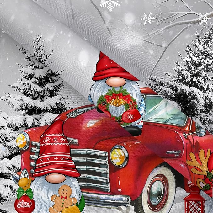 Farmhouse Christmas Shower Curtain, Farm Red Xmas Truck Christmas Tree Cute Gnome Winter Forest Shower Curtains Set, Holiday Bathroom Decor Fabric Machine Washable with Hooks, 72 x 72 Inches