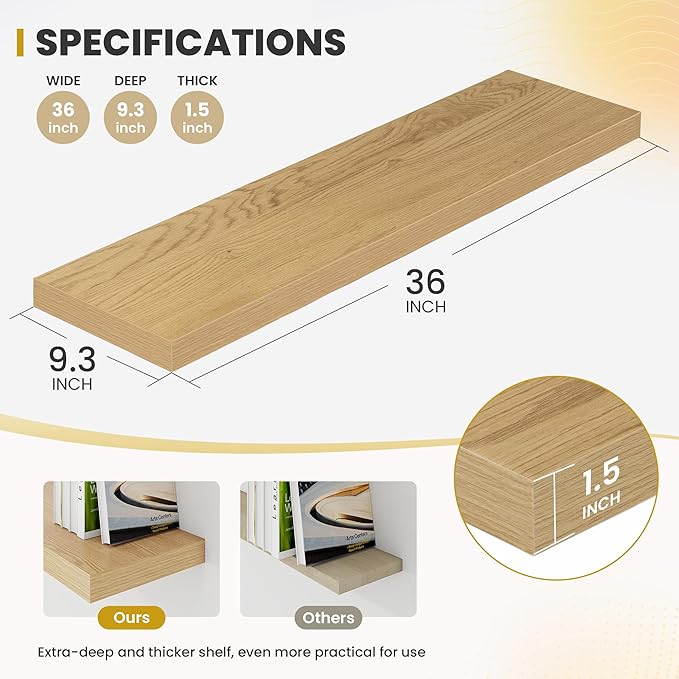 36 Inch Floating Shelves, 9.3" Deep Floating Shelf Wall Mounted, 36" Wall Shelves, Rustic Deep Bookshelf, Large Display Shelves & Storage Shelves for Bedroom, Living Room, Oak, Set of 2