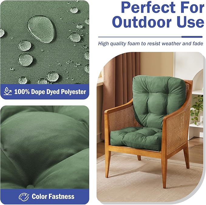 Outdoor Chair Cushions Set of 4, Patio Chair Cushions with Ties, 19x19+5” Tufted Outdoor Seat Cushions, Waterproof Patio Furniture Cushions, Outdoor Dining Chair Pads, Forest Green
