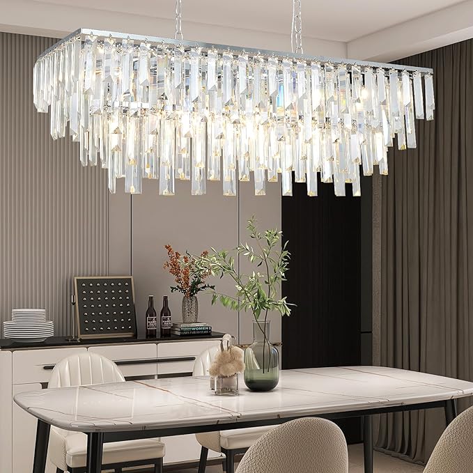 Rectangle Chandeliers for Dining Room Chrome, 32" Modern Rectangular Crystal Chandelier 10 Lights Top K9 Linear Ceiling Pendant Light Fixture for Dining Room Kitchen Table Living Room