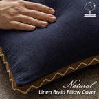 Decorative Neutral Linen Throw Pillow Covers 18x18 Inch Set of 2, Navy Blue Boho Farmhouse Pillow Covers with Braid Fringe for Sofa Bed Modern Couch Pillow Cases for Organic Home Decor