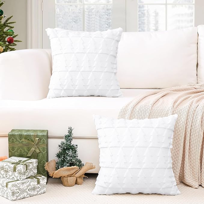 OTOSTAR Set of 2 Xmas Soft Plush Short Wool Velvet Decorative Throw Pillow Covers Square Luxury Style Cushion Case Pillow Shell for Sofa Bedroom Christmas Tree White, 18x18 Inch