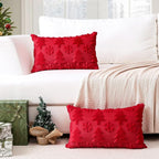 OTOSTAR Set of 2 Xmas Soft Plush Short Wool Velvet Decorative Throw Pillow Covers Rectangular Luxury Style Cushion Case Pillow Shell for Sofa Bedroom Tree and Snowflake Red, 16x24 Inch