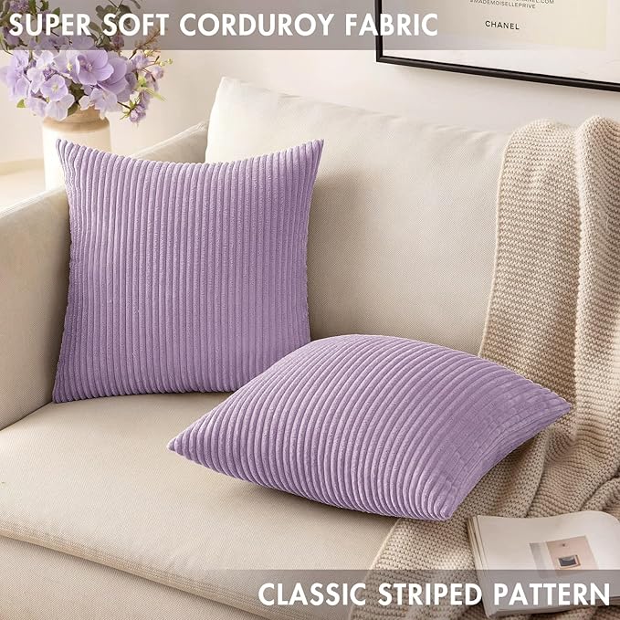 MIULEE Winter Pack of 2 Corduroy Pillow Covers Soft Soild Cushion Cases Decorative Square Throw Pillow Covers Lavender Pillowcases for Sofa Bedroom Car 18 x 18 Inch 45 x 45 Cm