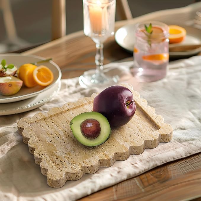 Genuine Travertine Scalloped Marble Tray, Real Natural Marble Stone Trays, Luxury Decorative Trays for Bathroom, Dresser, Vanity, Kitchen, Home Decor, 10.6" x 8", Travertine Beige