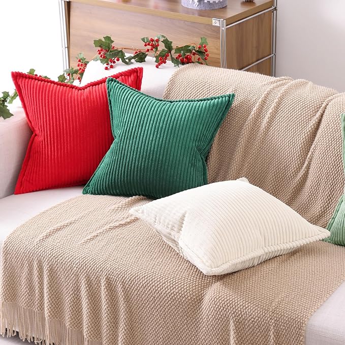 Mecatny Christmas Corduroy Throw Pillow Covers 12x20 Set of 2, Neutral Decorative Soft Boho Lumbar Couch Pillow Covers with Broadside for Sofa Living Room, Red