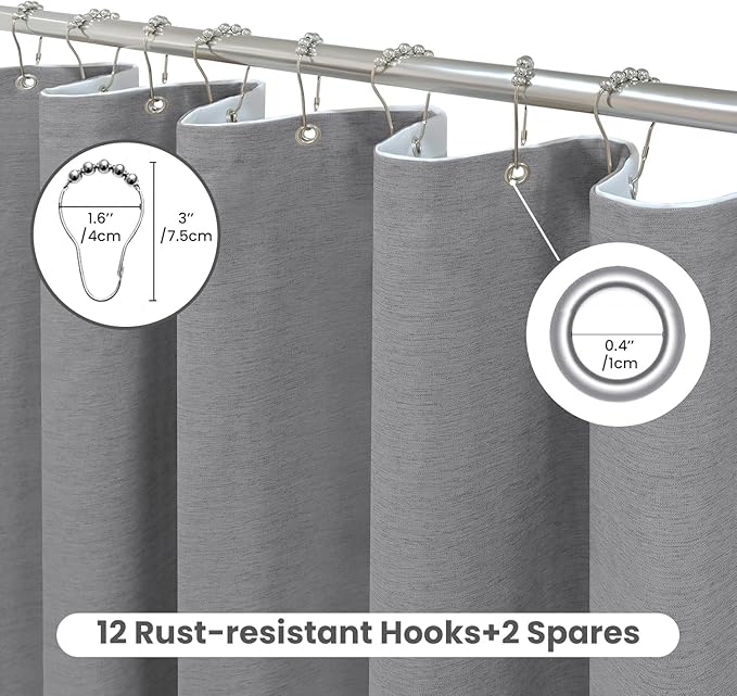 Inhousolu Boho Farmhouse Shower Curtain with Fabric Liner Set, Faux Linen Textured, 14 Metal Hooks Luxury Weighted Hem, Washable Wrinkle Free Bath Curtain for Hotel Bathroom 72" W x 84" L Grey