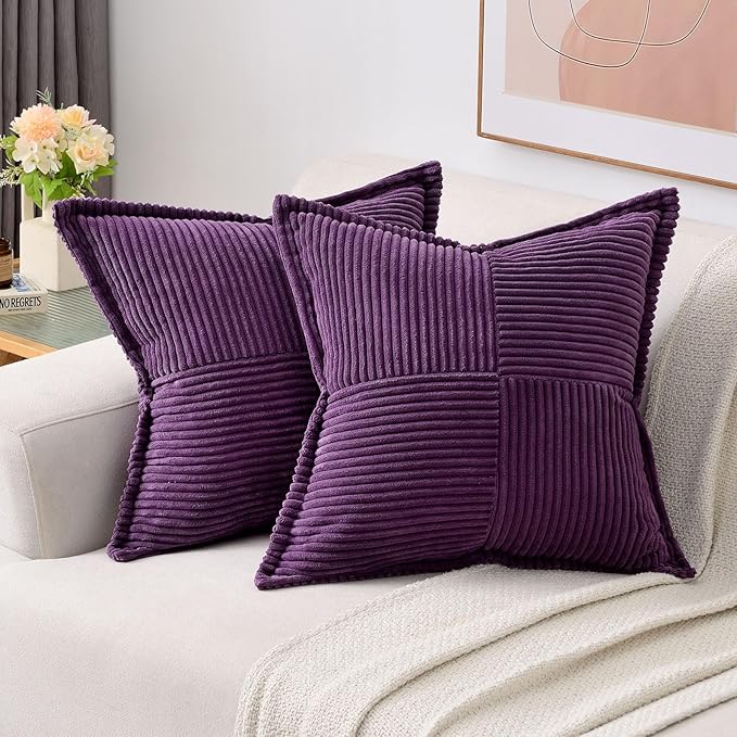 HAUSSY Purple Throw Pillow Covers 16x16 Inch Set of 2,Soft Solid Corduroy Striped/Wide Bordered,Square Decorative Cushion Case,Winter Home Decorations for Couch,Bed