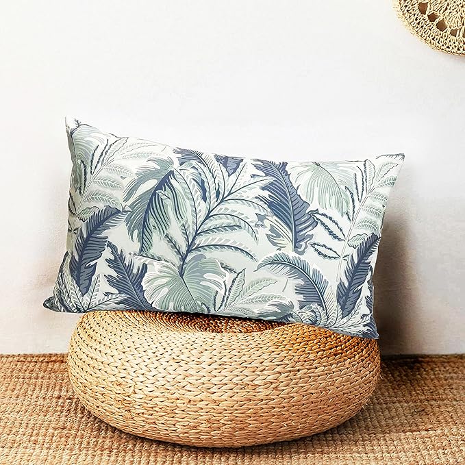 Decorative Throw Pillow Covers Set of 2 Blue Green Large Leaves Pillow Covers 12x20 inch Soft Short Plush Square Floral Throw Pillows,Farmhouse Outdoor Pillow Covers for Couch Living Room