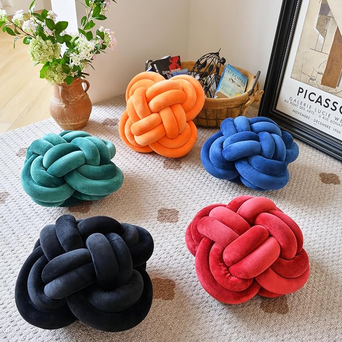 Xuyier Knot Pillow Ball, Decorative Throw Pillows with Velvet Fabric for Couch Bed, 12" Decor Knotted Square Floor Pillow Cushions for Living Room (12 Inches, Navy Blue)