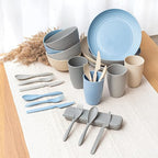 FOODLE Wheat Straw Dinnerware Set - BPA Free & Safety Tested - Microwave & Dishwasher Safe - Perfect for Picnic, Dorm, RV Dishes - Camping Plates Cups and Bowls Set - Great for Kids & Adults - For 4