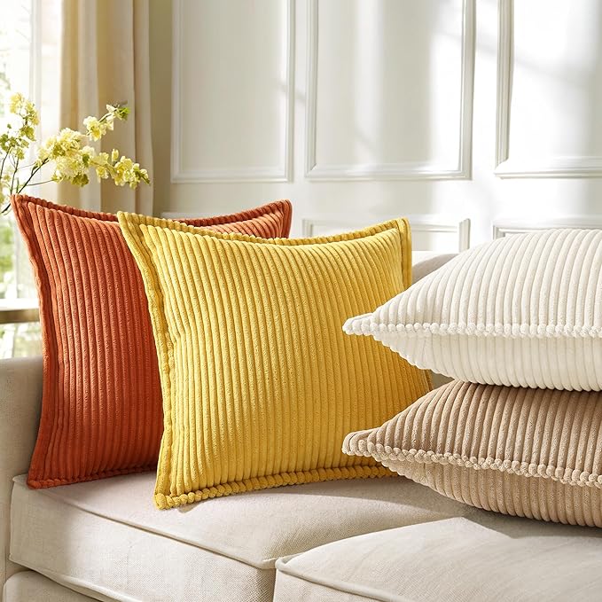 decorUhome Corduroy Mustard Yellow Throw Pillow Covers 16x16 Set of 2 Decorative Soft Boho Farmhouse Euro Couch Pillow Covers for Living Room Bed Sofa Broadside Striped Pillow Cases