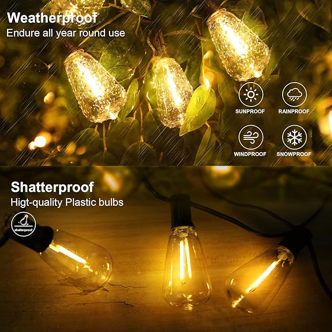 RTTY Solar String Lights Outdoor Waterpoof 50ft with 25pcs Dimmable Shatterproof ST38 Vintage Bulb,Remote Solar Powered Bistro,Cafe & Patio Lights