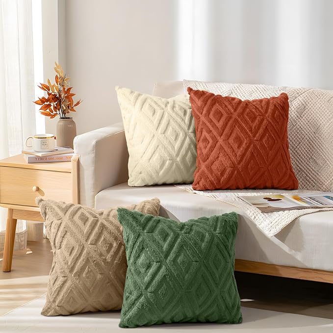 decorUhome Pack of 4 Faux Fur Throw Pillow Covers 18x18, Soft Decorative Couch Pillow Covers with Velvet Back for Modern Sofa Living Room, Khaki/Rust