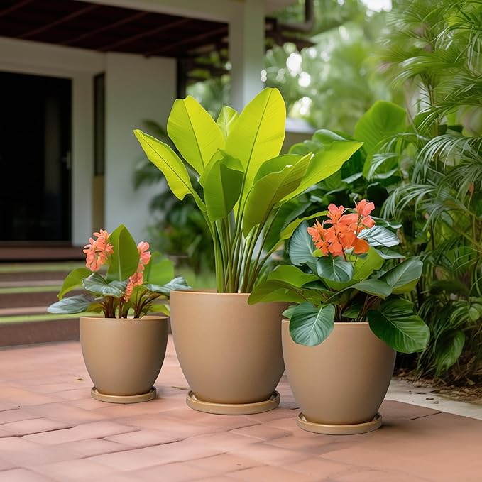 Ceramic Pots for Plants Set of 3-10+8+6 Inch Modern Round Planters with Drainage Holes and Plant Saucers, Flower Pots for Indoor Outdoor, Home Garden Room Decor, Plant Lover Gifts, Brown