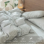 MooMee Striped Duvet Cover Set 100% Washed Cotton Linen Like Textured Breathable Durable Soft Comfy (Heathered Green Classic Stripes, Palatial King/Oversized King 120"x98")
