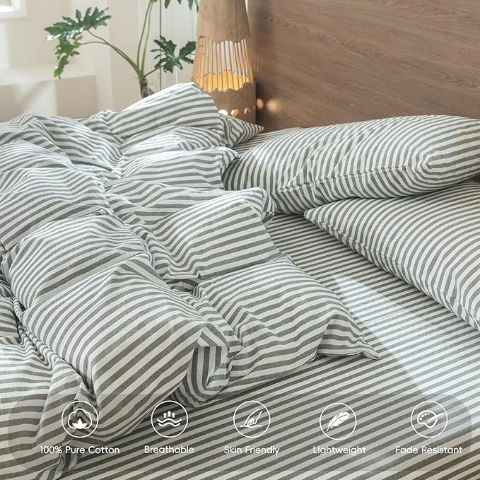 MooMee Striped Duvet Cover Set 100% Washed Cotton Linen Like Textured Breathable Durable Soft Comfy (Heathered Green Classic Stripes, Oversized Queen 98"x98")