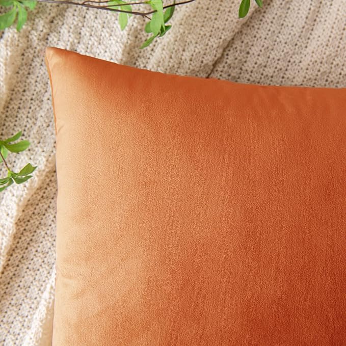 EMEMA Fall Orange Velvet Throw Pillow Covers 18x18 Inch Set of 2 Decorative Square Pillowcase Soft Solid Cushion Case for Couch Sofa Bed Bedroom Livingroom