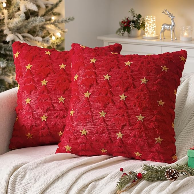 MIULEE Christmas Pillow Covers 18x18 Inch Set of 2, Red Christmas Tree Plush Faux Fur Pillowcases Soft Decorative Throw Pillow Cases for Couch Sofa Living Room Winter Xmas Holiday Home Decor