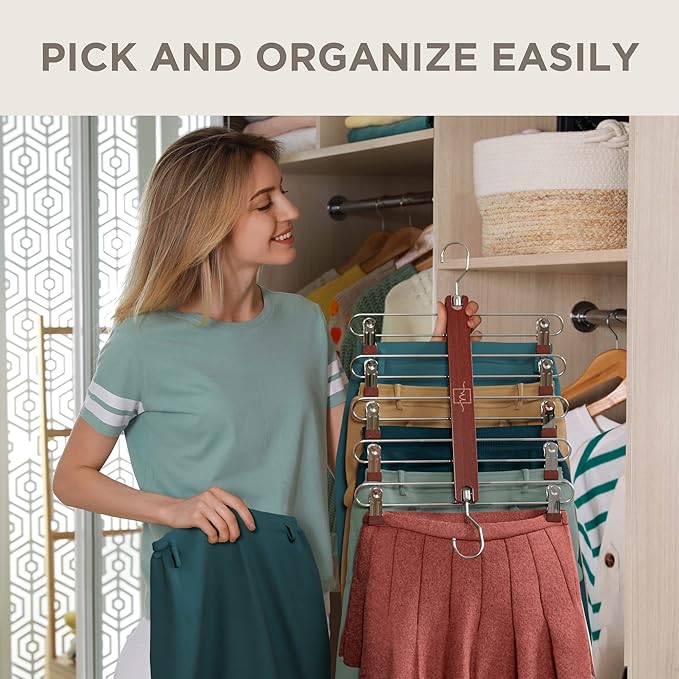 MORALVE Skirt Hangers Space Saving with Clips - 2 Pack - European Beechwood 5-Tier Hanger for Shorts, Skirts, and Pants - Closet Organizer and Storage Solution for Women with 360° Swivel Hook