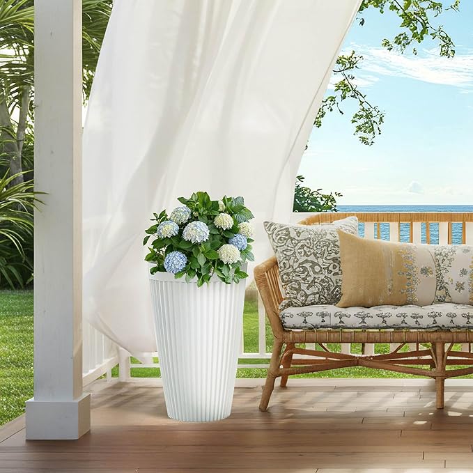 20" Resin Tall Planters for Outdoor Plants,Set of 2 Matt White Large Flower Pots with Handmade Fluted Texture,Heavy-Duty and Resistant for Year Round Indoor, Ideal for Christams Decoratione